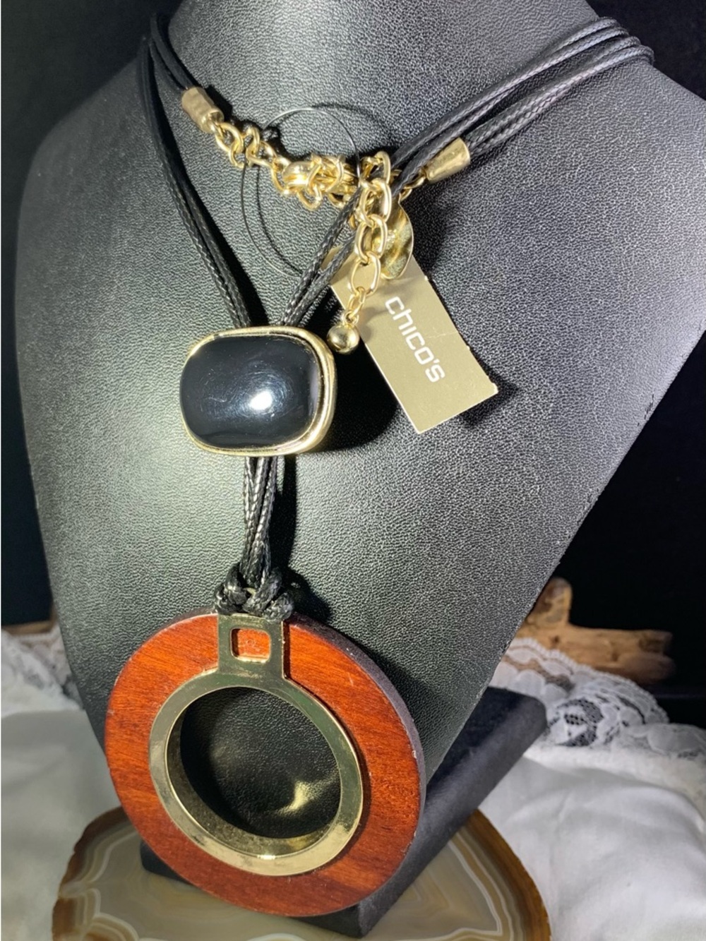 Chico's Black and Brown Wood Ring Pendant Necklace NWT